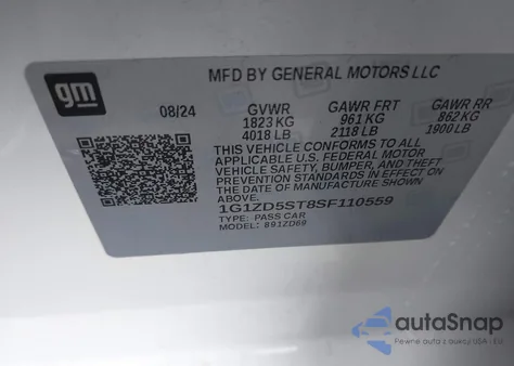 2025 Chevrolet Malibu Fwd 1Lt z USA, uszkodzony, nr VIN 1G1ZD5ST8SF110559